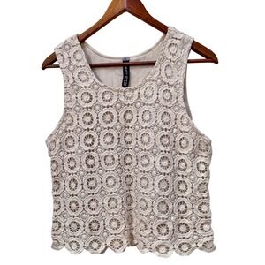 Design Lab Lord & Taylor Cream Floral Crochet Sleeveless Top Scalloped Hem Large